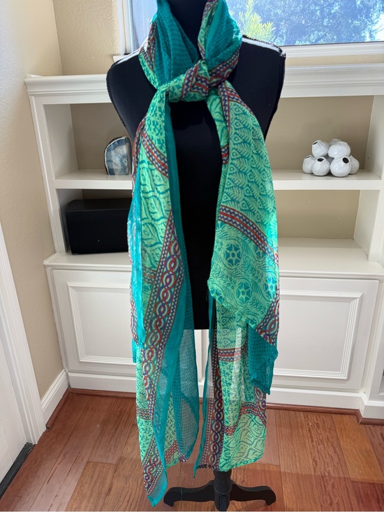 None Accessories - HUGE Scarf 3 X 7 Ft Lightweight Green Teal Patterned Scarf - Women Accessories